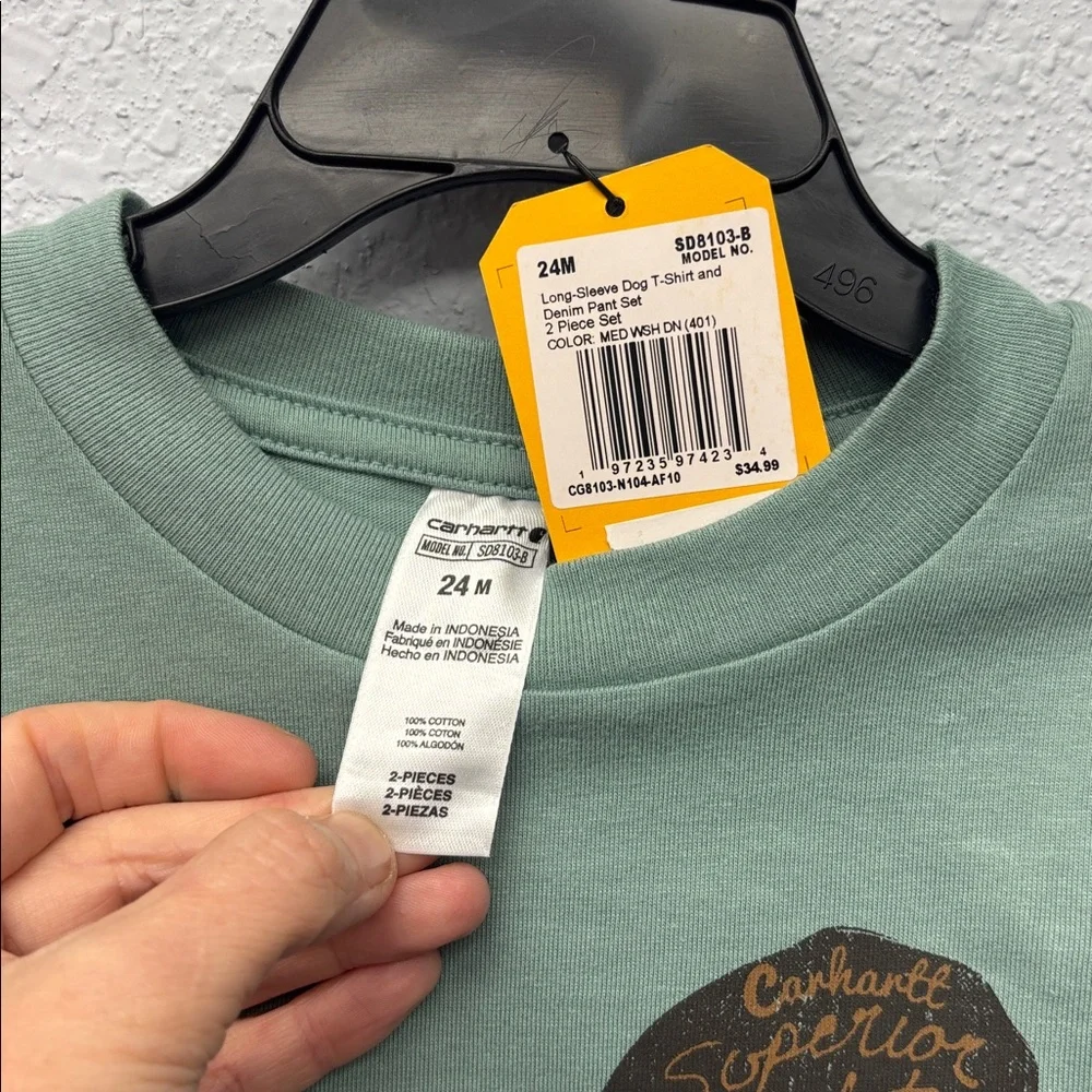 NWT Carhartt Kids Sz 24mo Mint Dog Graphic LSS and Matching Denim Pant Set - Picture 3 of 9